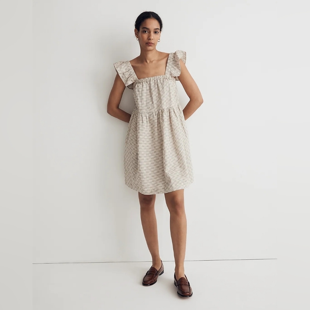 Madewell Flutter-Sleeve Square-Neck Mini Dress in Striped Jacquard